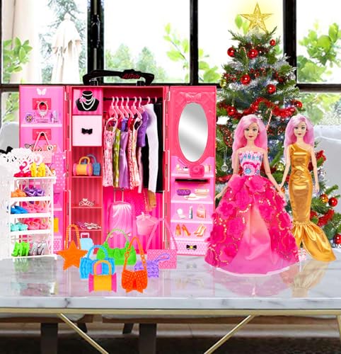 105 Pcs Doll and Closet Playset Wardrobe Set Including One Doll Wardrobe Shoes Rack Dress Shoes Hangers Necklace D719