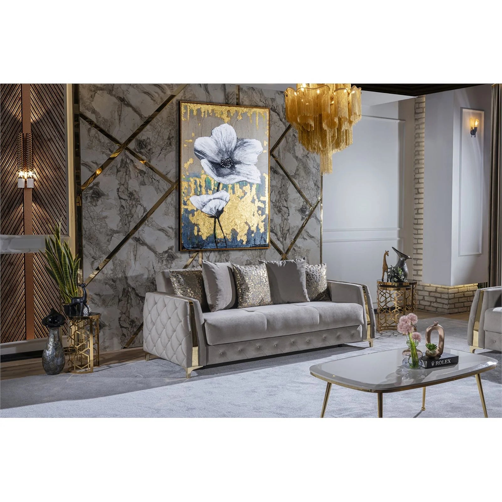 Taupe Sofa with Wood and Under-seat Storage Y26794