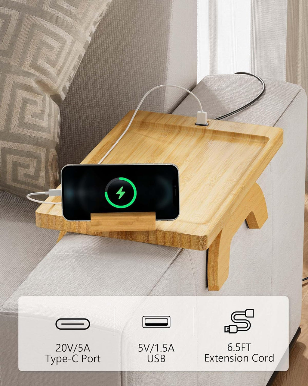 Sofa Arm Tray with Couch Cup Holder and 360° Rotating Phone Holder W240229
