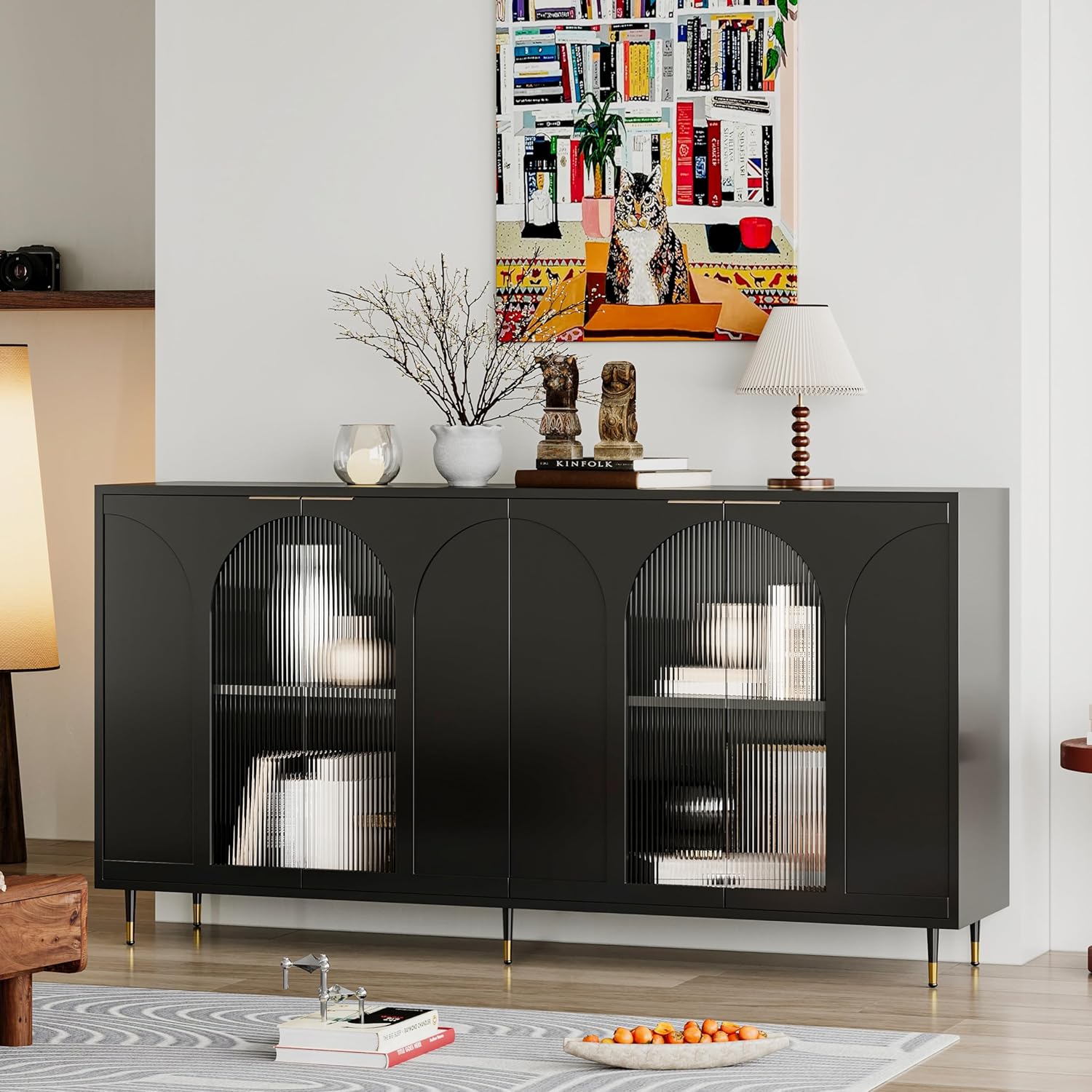 Black Lacquered Wood Buffet Cabinet with 4 Fluted Glass Doors and Metal Legs N3275
