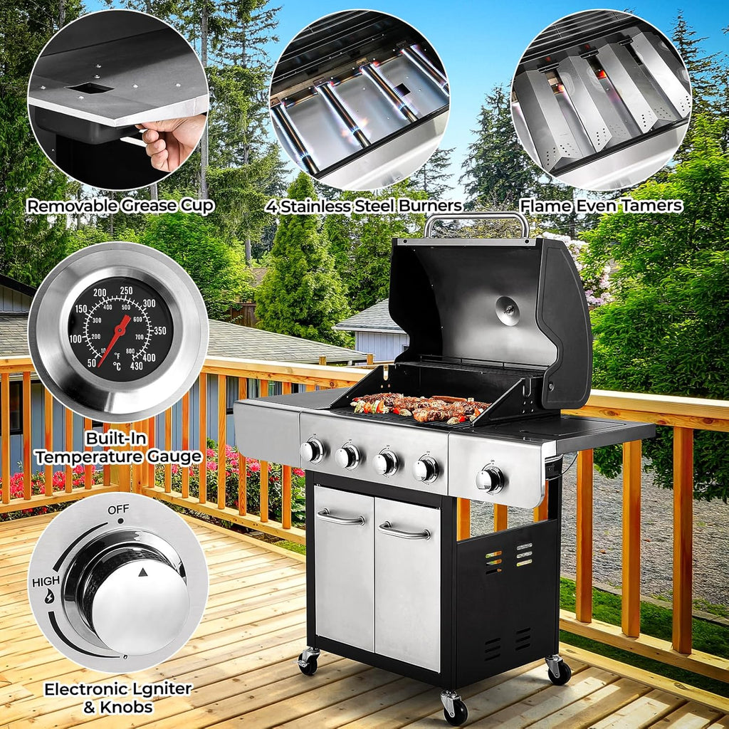 4-Burner Stainless Steel Propane Gas Grill with Side Burner L49776