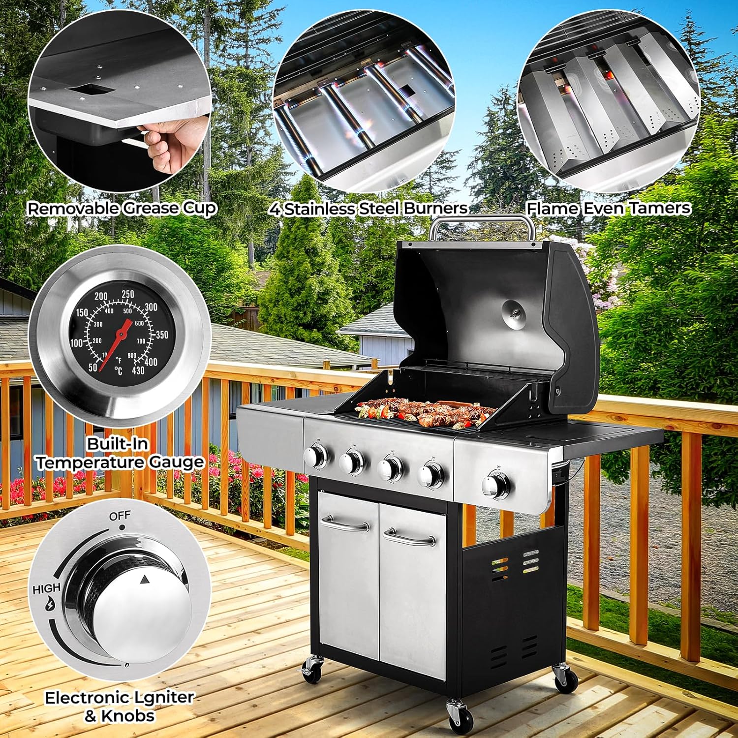 4-Burner Stainless Steel Propane Gas Grill with Side Burner L49776