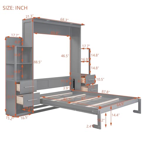 Gray Queen Murphy Bed with Storage Shelves, Drawers and LED Light, Wood Foldable Wall Bed Frame D469068
