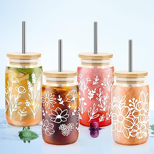 4 Pack 16oz Glass Cups with Bamboo Lids Straws D5323