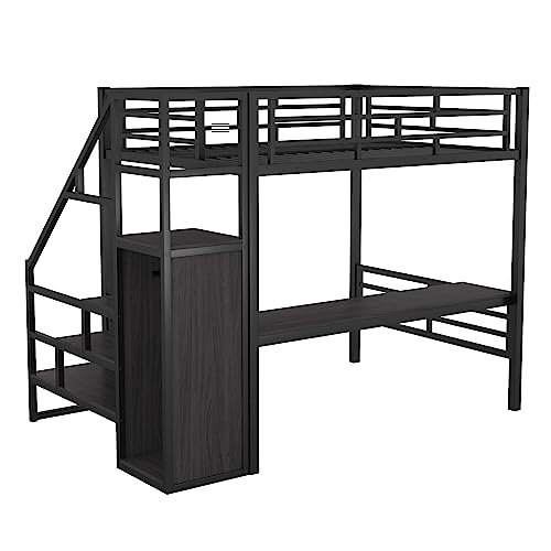 Full Size Metal Loft Bed with Desk and Storage Stairs Y425