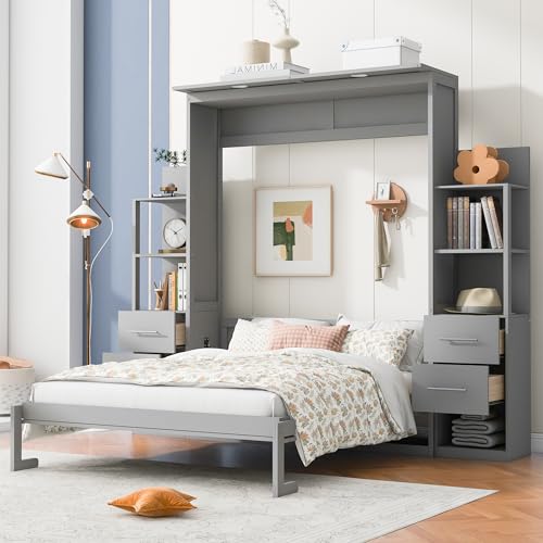 Gray Queen Murphy Bed with Storage Shelves, Drawers and LED Light, Wood Foldable Wall Bed Frame D469068