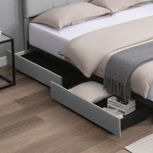 Full Bed Frame with 4 Storage Drawers, Upholstered Storage Bed Platform with Adjustable Headboard, Velvet Fabric (Beige) T643
