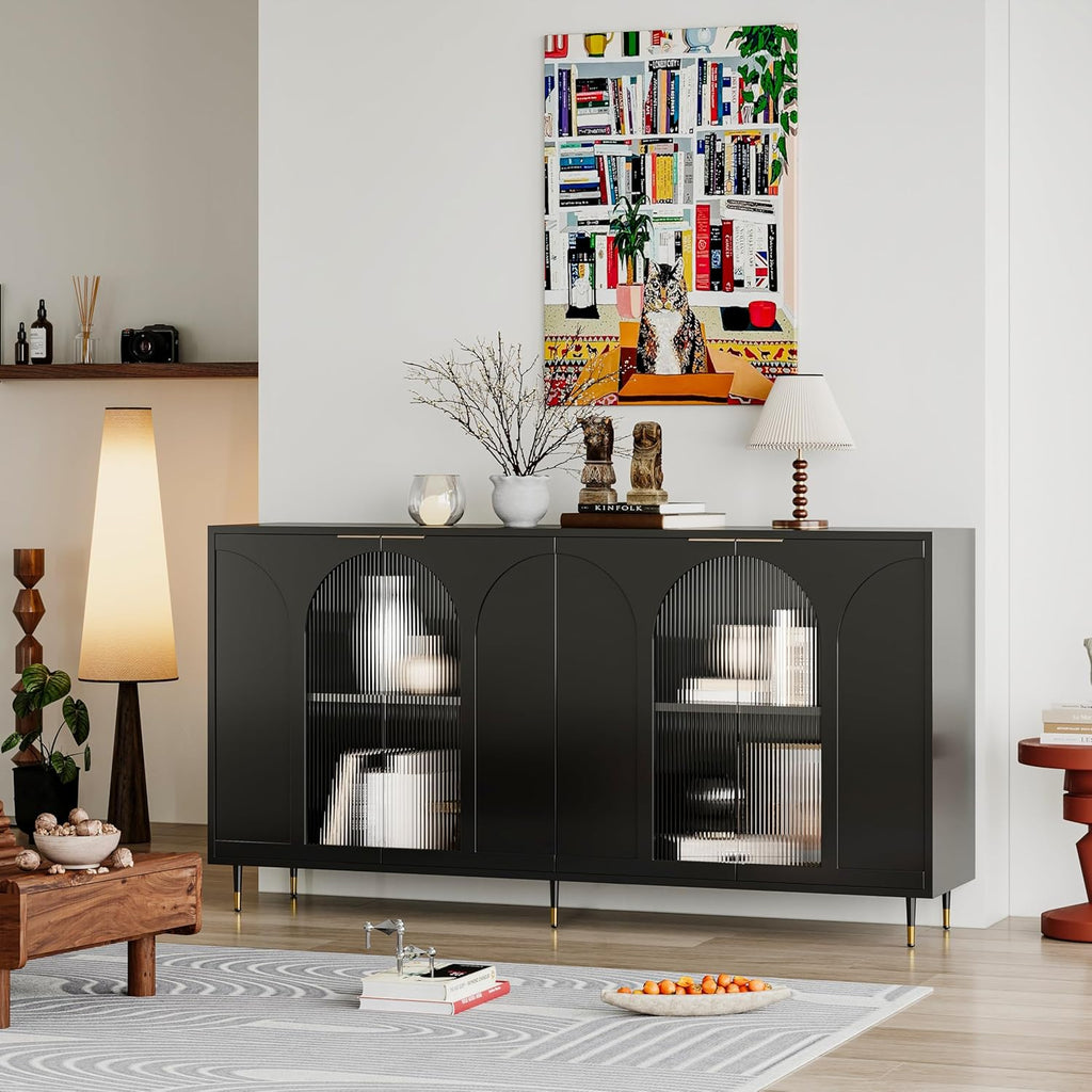 Black Lacquered Wood Buffet Cabinet with 4 Fluted Glass Doors and Metal Legs N3275