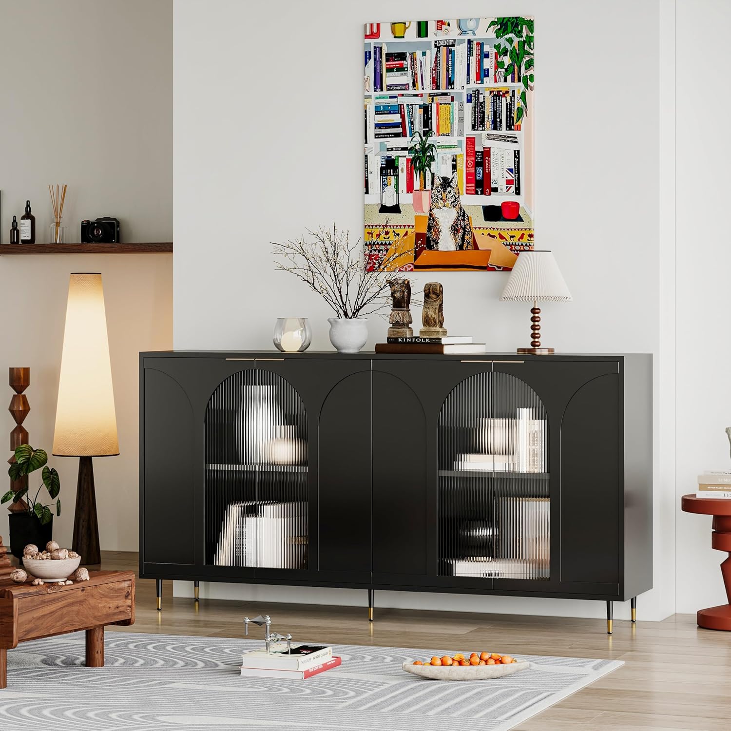 Black Lacquered Wood Buffet Cabinet with 4 Fluted Glass Doors and Metal Legs N3275