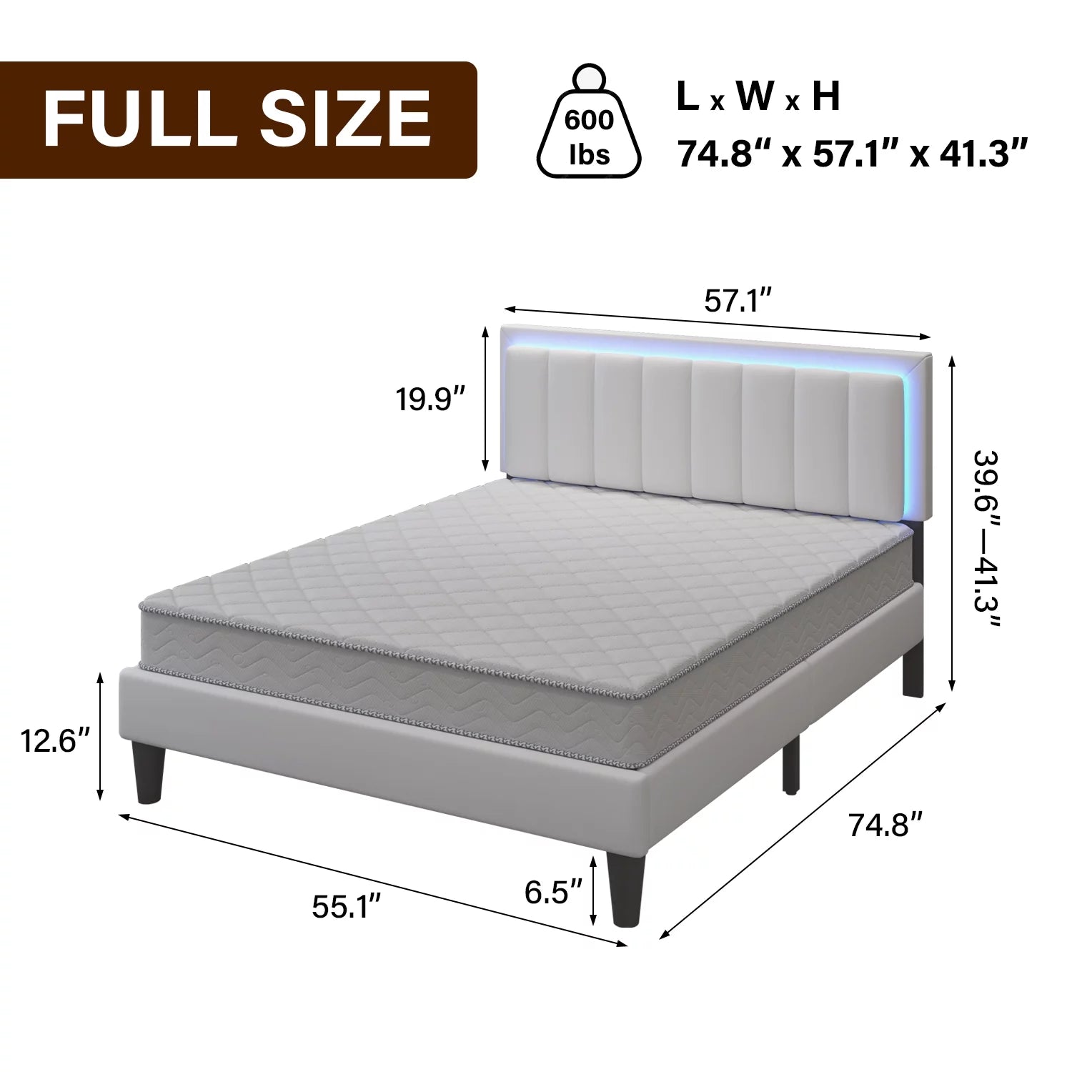 White Full Size Upholstered Platform Bed Frame with PU Faux Leather Headboard V9132