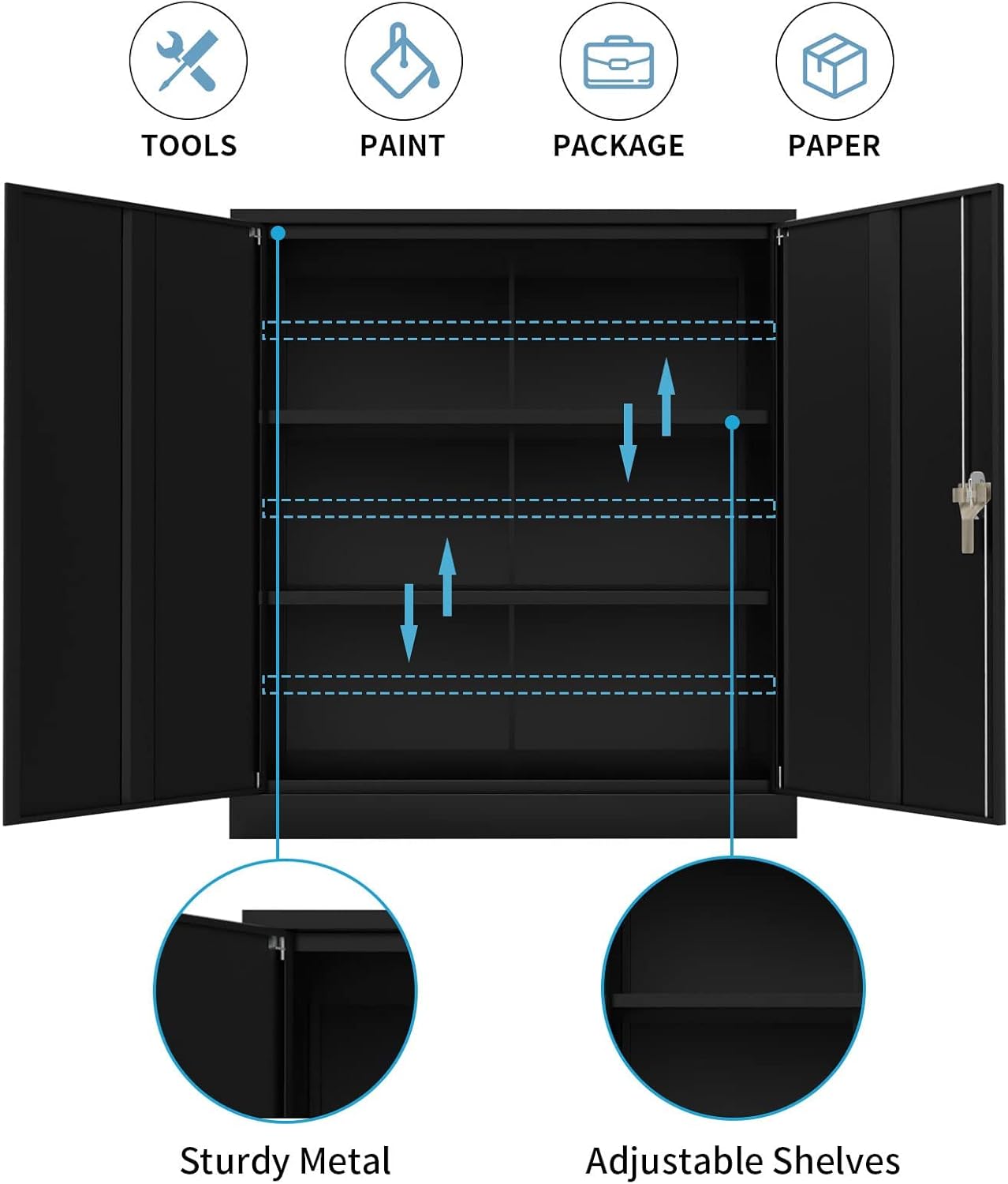 Black 42" Steel Storage Cabinet with 2 Adjustable Shelves and 2 Doors P812