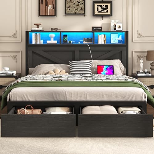 Brown Full Bed Frame with Bookcase Storage Headboard and 2 Storage Drawers Q581
