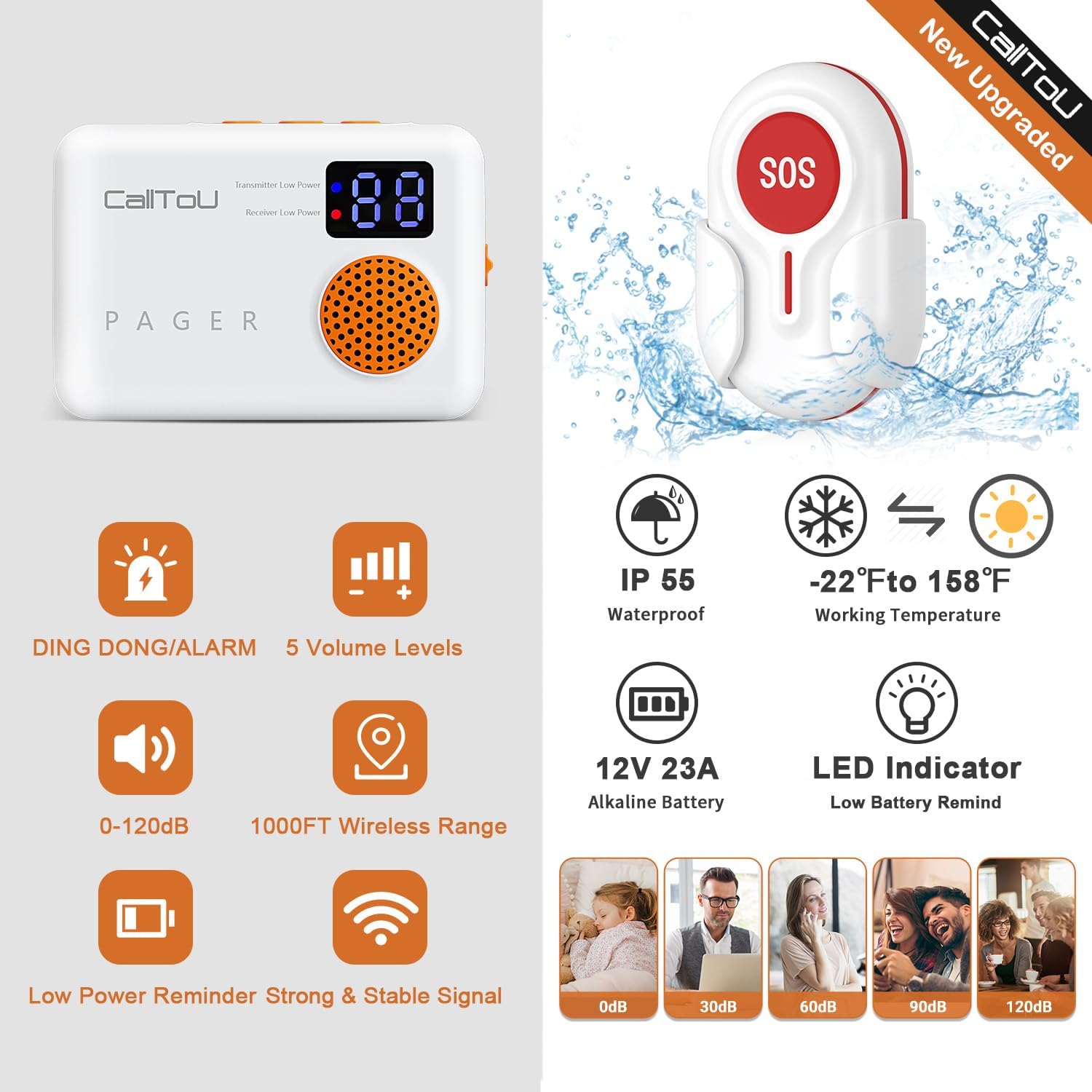 3 Portable Receiver 3 SOS Call Button Wireless Call Bell with Vibration Digital Display W4891