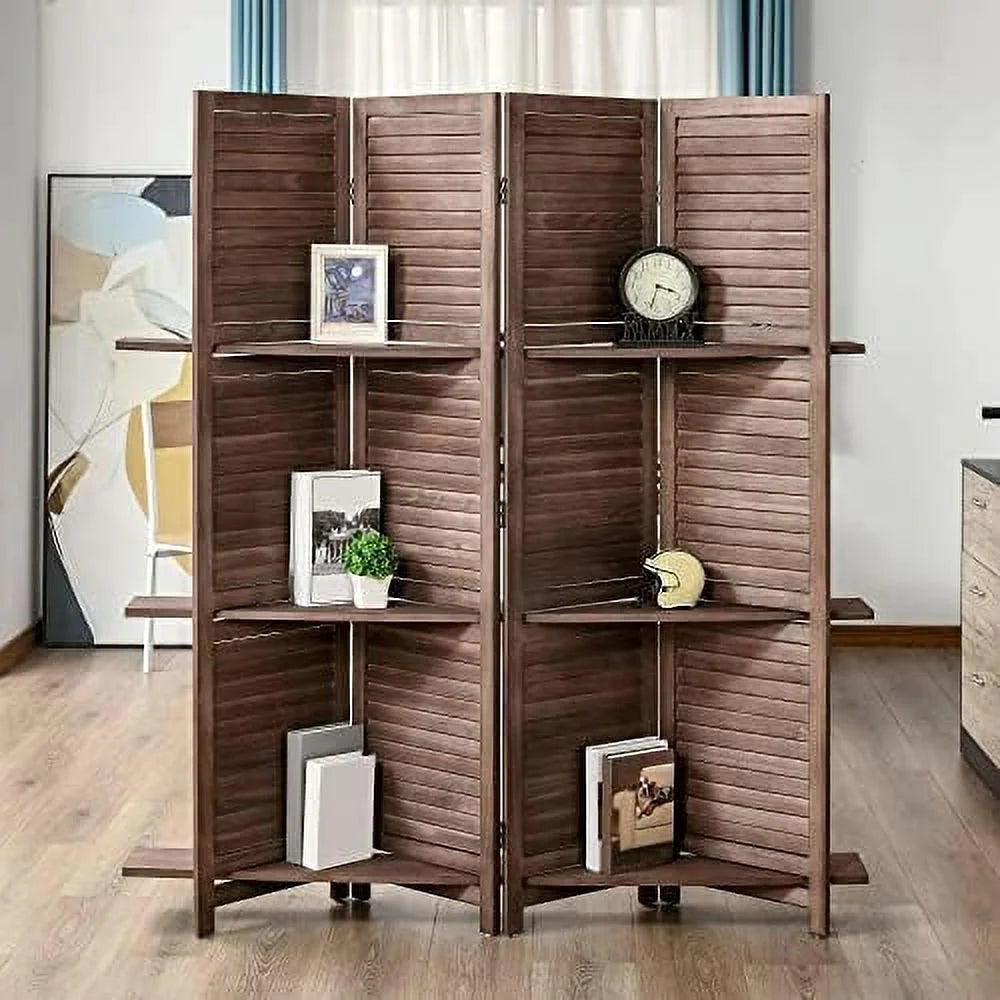 4-Panel Folding Room Divider 5.6 Ft Freestanding Paulownia Wood Privacy Screen Panel with Shelves Walnut P679