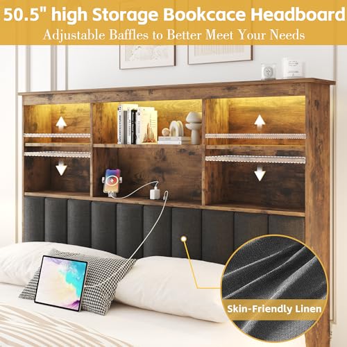 Rustic Grey Queen Bed Frame with Headboard, 4 Storage Drawers, Charging Station, LED N759