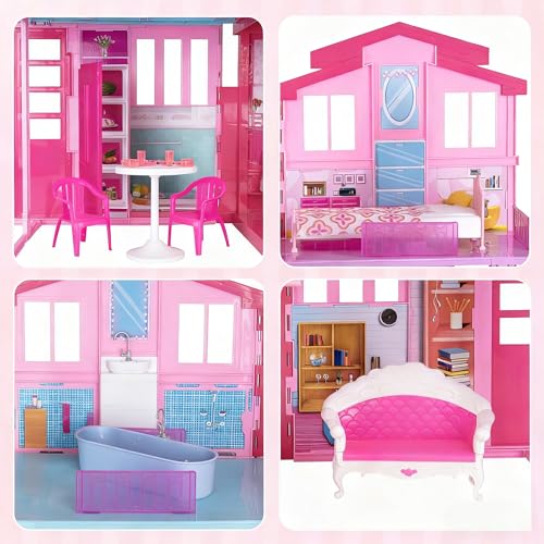 2-Story Foldable Dollhouse with 4 Rooms & Elevator D155033