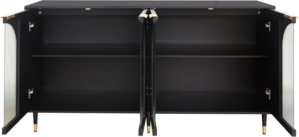 Black Lacquered Wood Buffet Cabinet with 4 Fluted Glass Doors and Metal Legs N3275