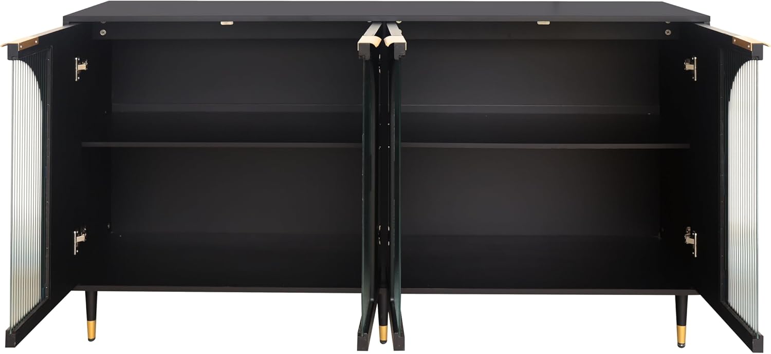 Black Lacquered Wood Buffet Cabinet with 4 Fluted Glass Doors and Metal Legs N3275