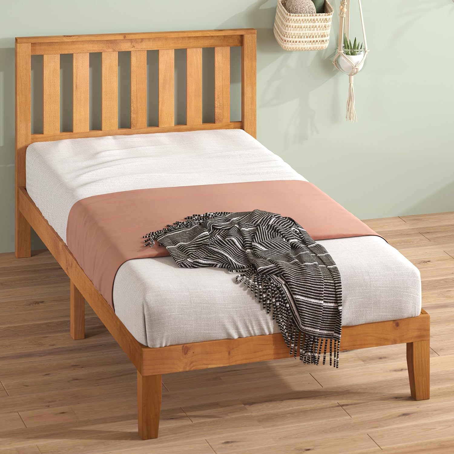 Rustic Pine Twin Wood Platform Bed Frame with Headboard R7938