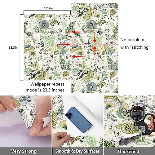 Green Floral Peel and Stick Wallpaper 17.7inch × 118.1inch C31567
