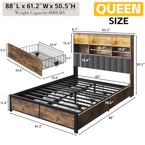 Rustic Grey Queen Bed Frame with Headboard, 4 Storage Drawers, Charging Station, LED N759
