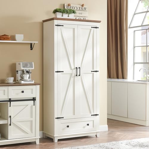 White Tall Kitchen Pantry Storage Cabinet with Adjustable Shelves and Drawer O614