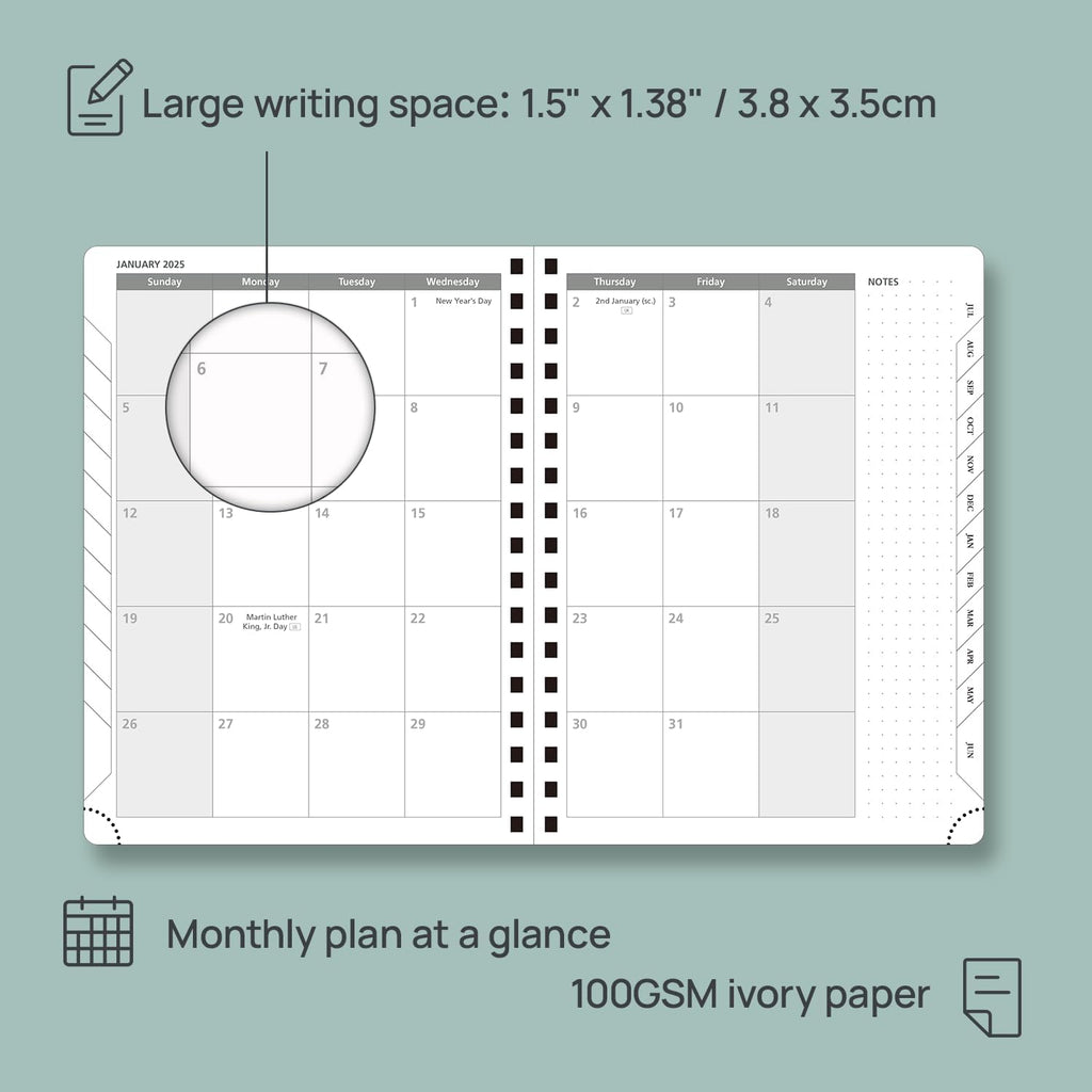 Planner 6.5'' x 8.5'' Academic Year Calendar July 2024 - June 2025 with Hourly Time Slots, Leather Cover - Grey Y223