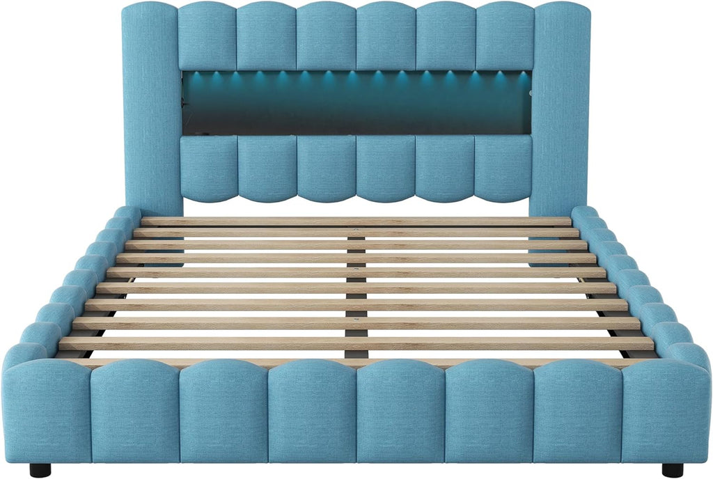 Queen Size Upholstered Storage Bed Frame with LED Headboard S8954