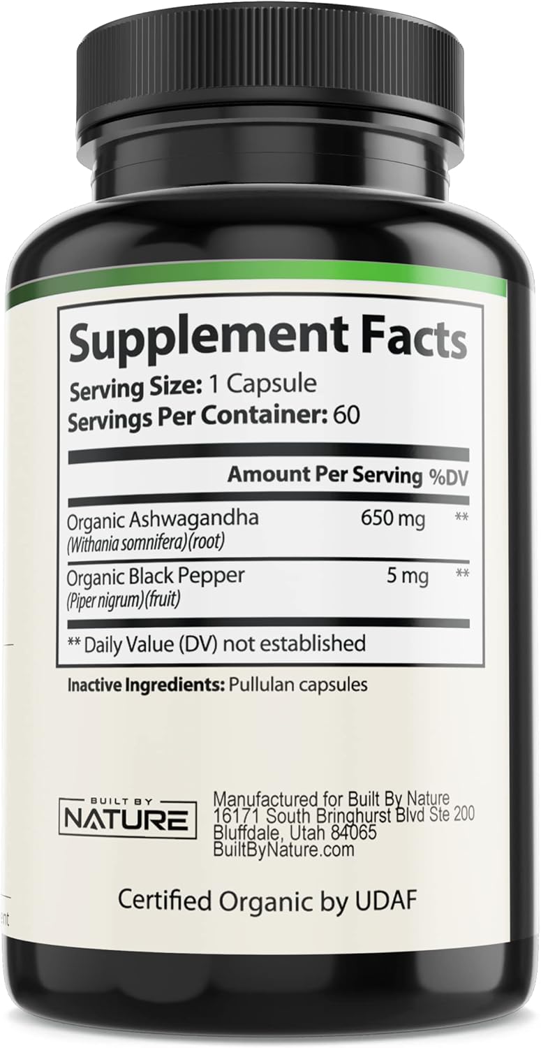 Pure Organic Ashwagandha Powder Supplement, 60 Vegan Capsules W40337