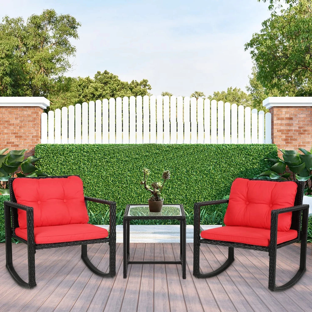 3 Pieces Wicker Rocking Bistro Conversation Set Chairs Outdoor with Cushions and Glass Coffee Table H38130