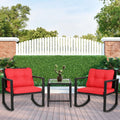 3 Pieces Wicker Rocking Bistro Conversation Set Chairs Outdoor with Cushions and Glass Coffee Table H38130