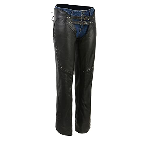 Black Low-Rise Waist Front Double Buckle Rivet Detailing Motorcycle Chaps G317