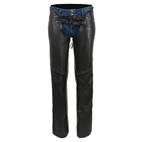 Black Low-Rise Waist Front Double Buckle Rivet Detailing Motorcycle Chaps G317