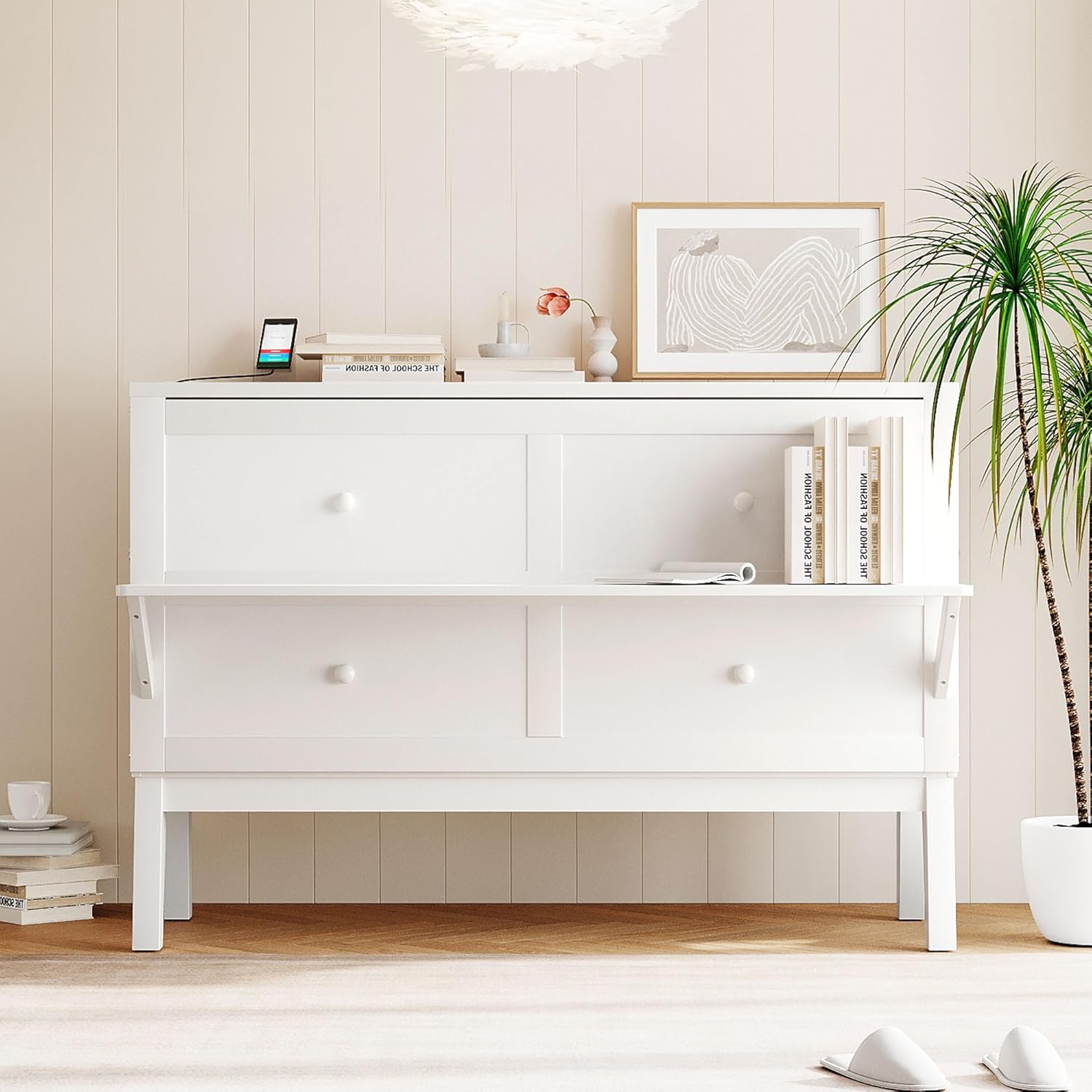 White Queen Wooden Murphy Bed with Desk Board and Removable Shelves O868387