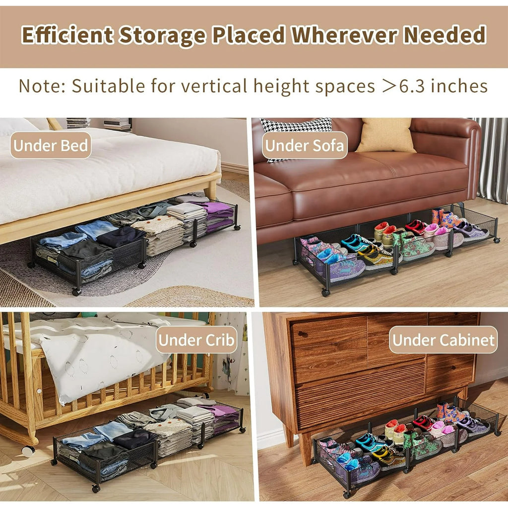Under Bed Storage on Wheels, Large Capacity Rolling Under the Bed Storage Containers, Foldable Drawers V8047