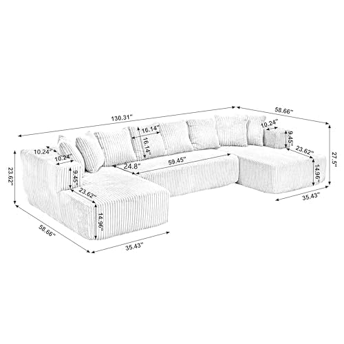 White Striped Corduroy Upholstered 4 Seater Modular Sectional Sofa N1464