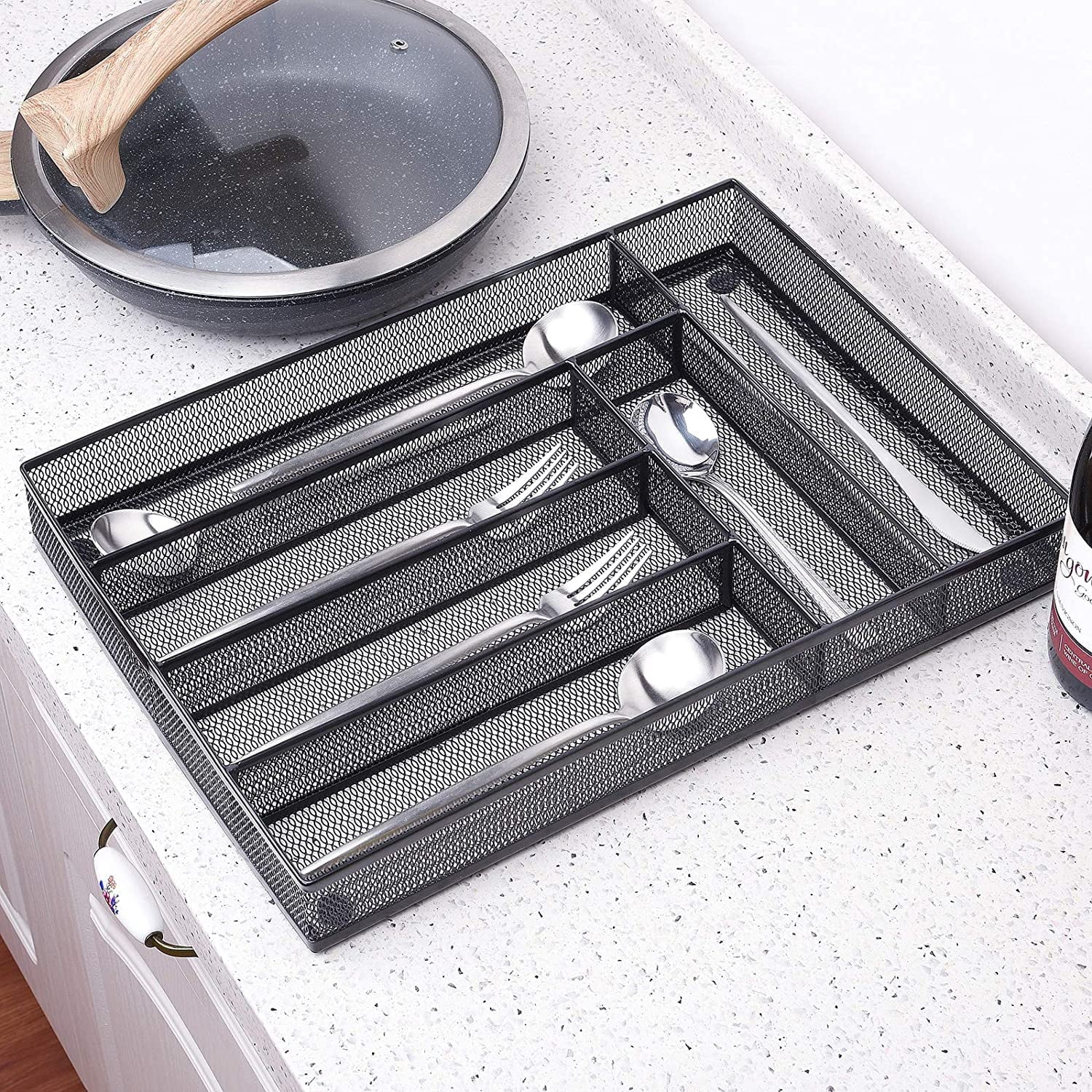 Black Metal Mesh Kitchen Flatware Organizer Tray with Non Slip Mat N8456