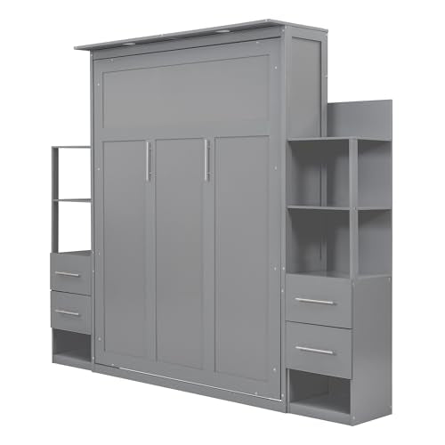 Gray Queen Murphy Bed with Storage Shelves, Drawers and LED Light, Wood Foldable Wall Bed Frame D469068