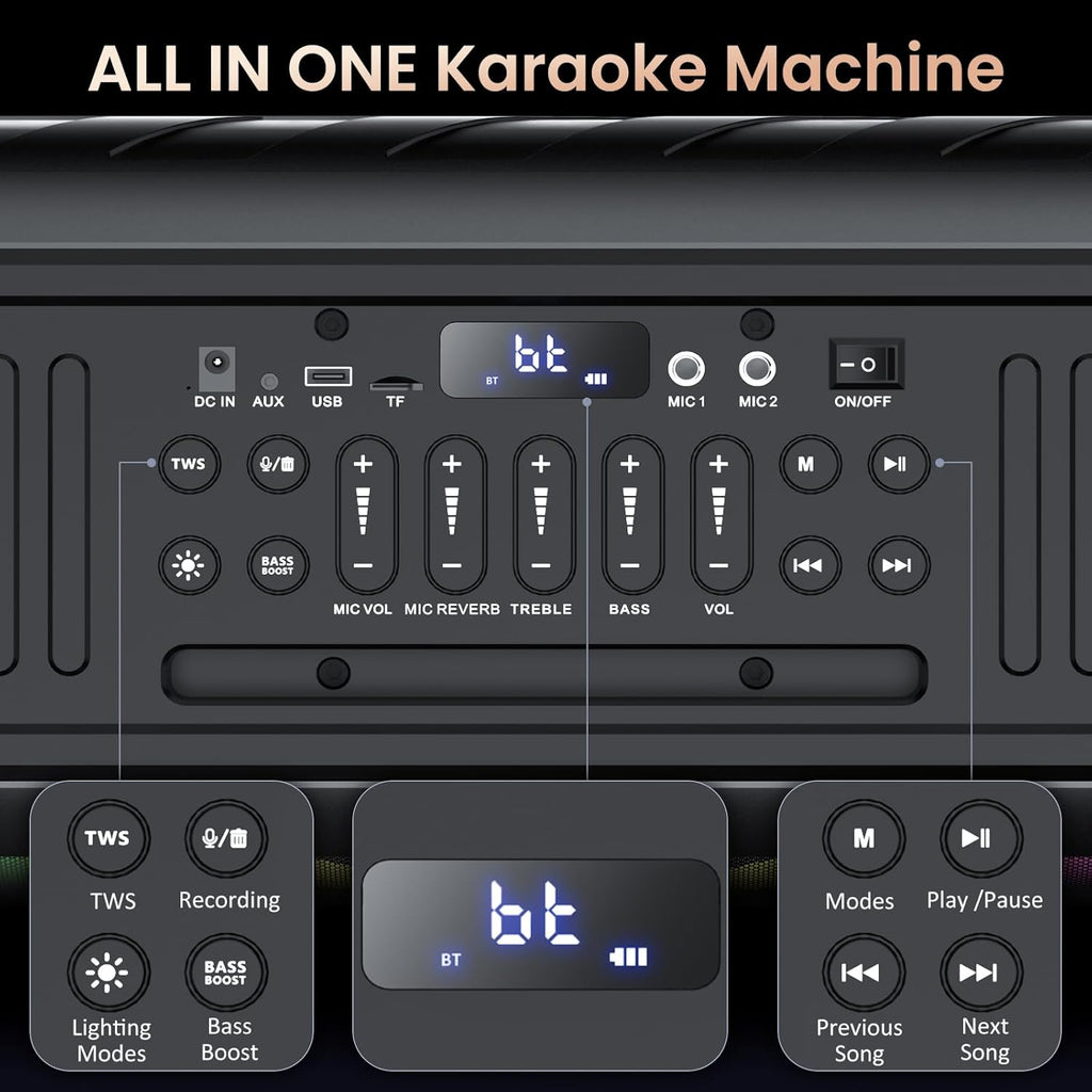 Karaoke Machine with 2 Microphones, Bluetooth Speaker with Dual 6.5" Subwoofer G885