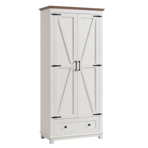 White Tall Kitchen Pantry Storage Cabinet with Adjustable Shelves and Drawer O614