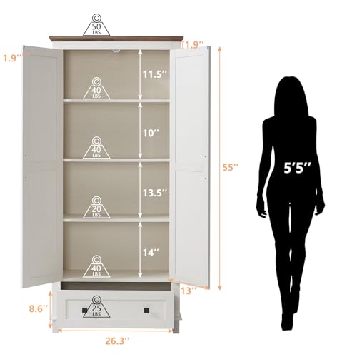 White Tall Kitchen Pantry Storage Cabinet with Adjustable Shelves and Drawer O614