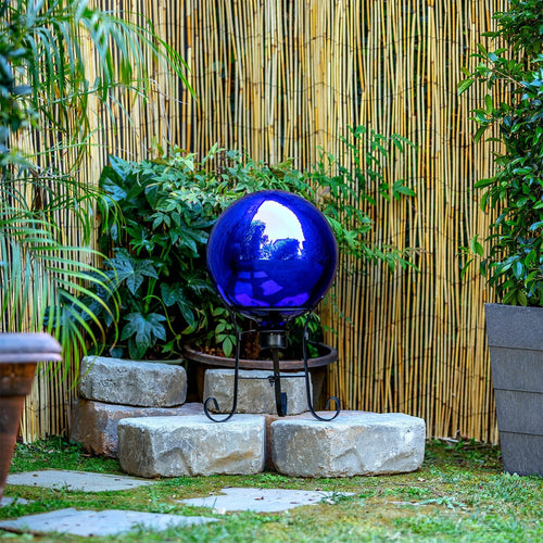 10" Blue Outdoor Glass Gazing Globe with Black Iron Stand Z91953