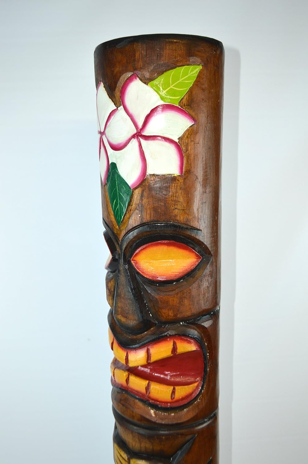 3 FT Hand Carved Wood Hibiscus Plumeria Flower Tiki Totem Pole Statue O75754