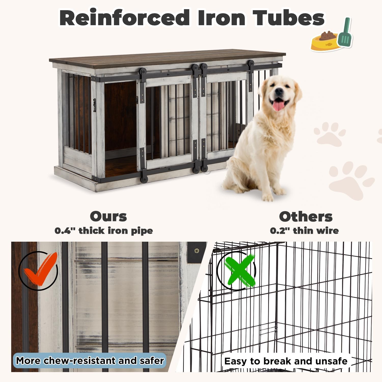 White 62.5'' Solid Wood Dog Crate with Removable Divider Y5774