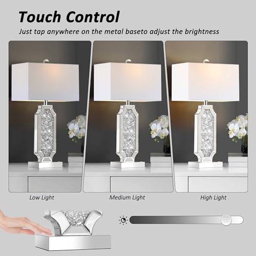Set of 2 Dimmable Touch Silver Mirrored Bedside Table Lamps with USB Ports L1801
