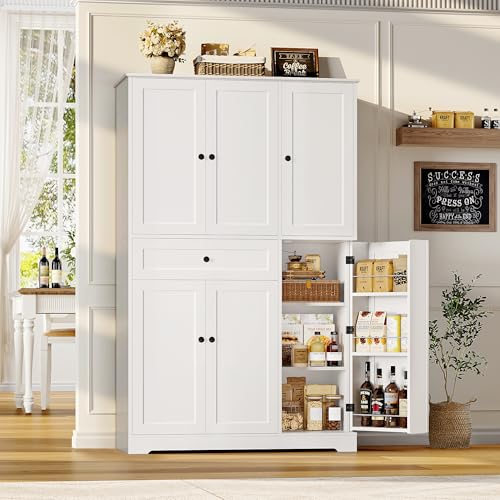 White Tall Kitchen Pantry Storage Cabinet with Doors and Shelves and Drawer H490315