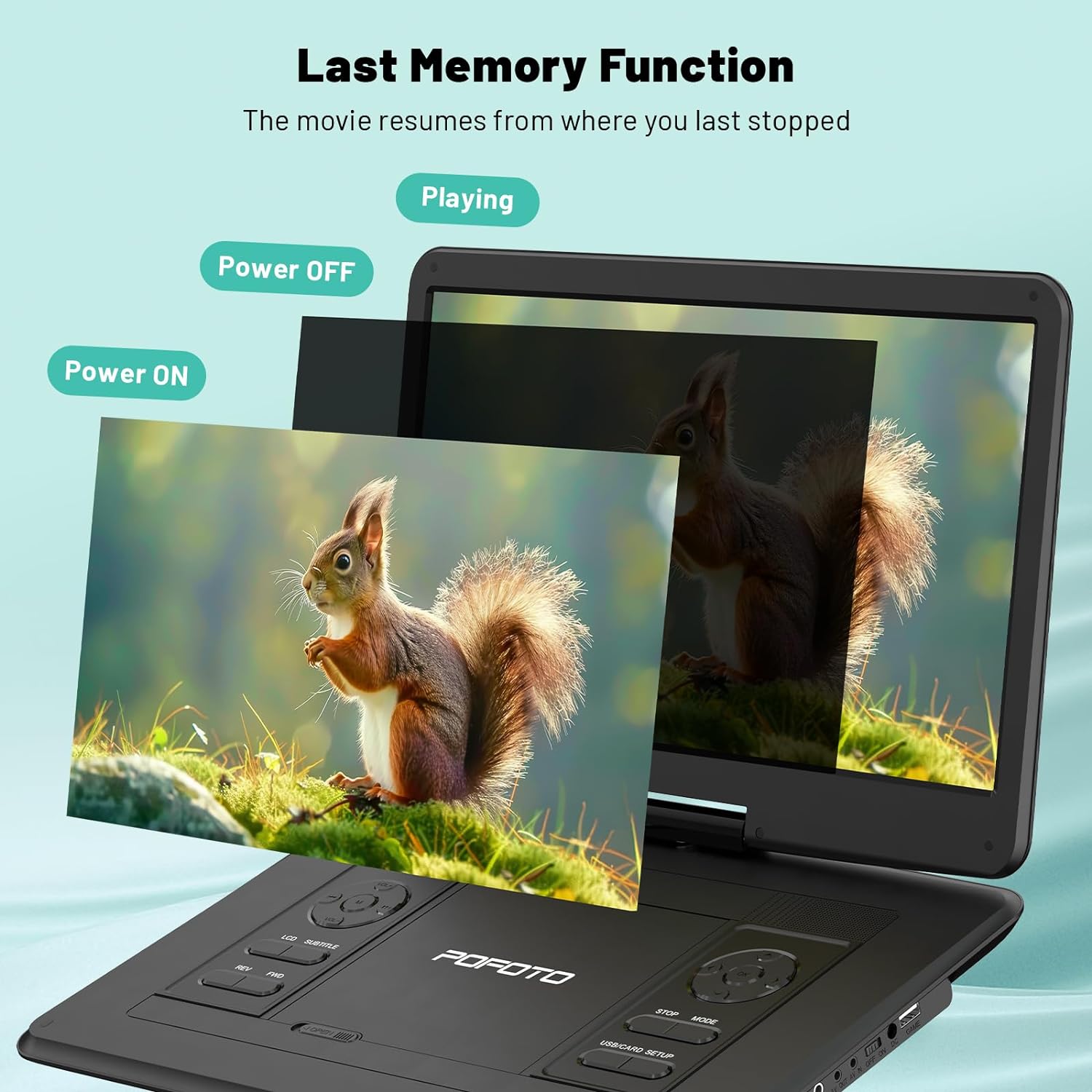 17.5” Portable DVD Player with 15.6” HD Screen, 6 Hours Rechargeable Battery, Dual Speakers, Remote Control, Black H3342