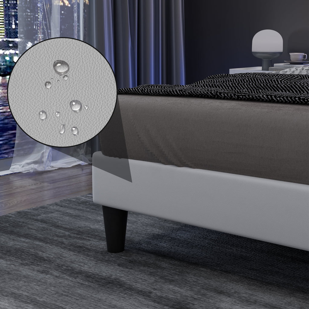 White Full Size Upholstered Platform Bed Frame with PU Faux Leather Headboard V9132