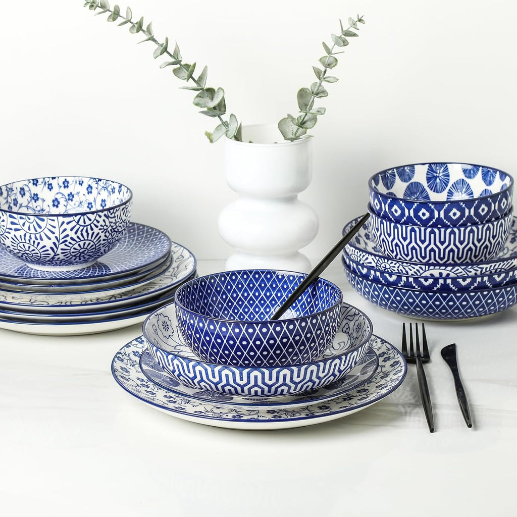 10 inch Porcelain Dinner Plates 16-Pieces Dinnerware Set Vintage Blue O902116