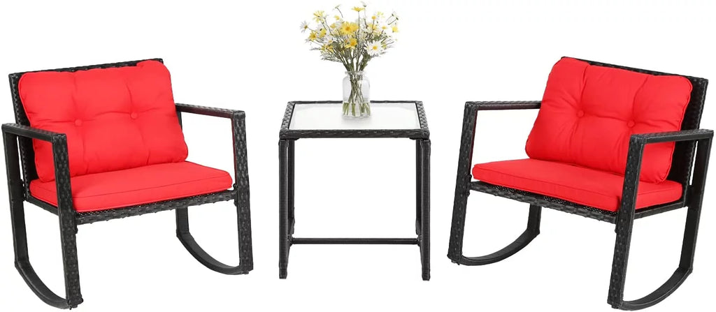 3 Pieces Wicker Rocking Bistro Conversation Set Chairs Outdoor with Cushions and Glass Coffee Table H38130